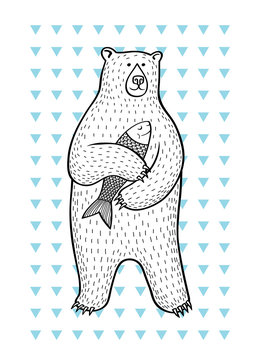bear/Drawing of bear with fish on the background of blue triangles.