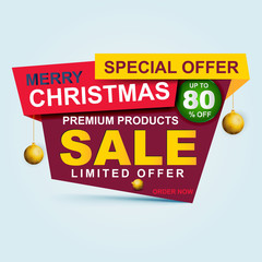 Christmas sale and seasonal discount templates, banner. Big sale, clearance up to 80% off. Sale banner template design.