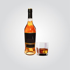 Illustration of a bottle of whiskey with a glass.