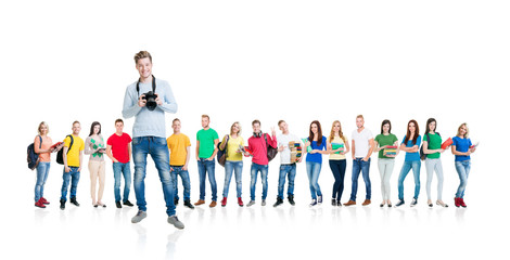 Obraz premium Large group of teenage students isolated on white background. Many different people standing together. School, education, college, university concept.