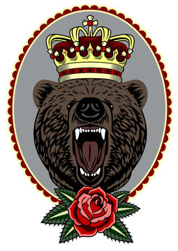 Portrait of a growling bear in a gold crown against a background of scarlet roses