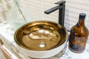 Interior of bathroom with sink basin faucet and mirror. Modern design of bathroom