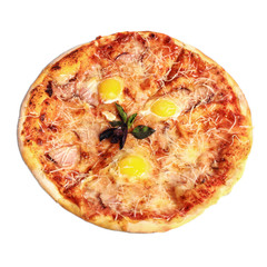 Pizza Carbonara with Basil, Bacon and Yolk of Chicken Egg. Top view. Isolated on white