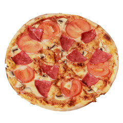 Pizza with salami, mashrooms and tomato. Top view. Isolated on white