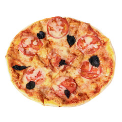 Pizza Margherita with tomatoes, bazil and mozzarella. Top view. Isolated on white