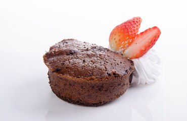 Chocolate fondant lava cake with strawberries