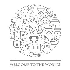Baby theme horizontal banner. Pictograms of baby, pram, crib, mobile, toys, rattle, bottle, diaper, bathtub, cloth, bib and other newborn related elements. Line out symbols