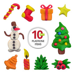 Handmade vector modeling clay Christmas set. Vector illustration of candy, sock, gift, star, snowman, Christmas tree, bell, candle, fir branch and european holly isolated on white background