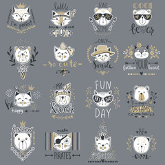 Big Vector collection with  cute animals. Set with teddy bears, cats, fox. Trendy design in sketch style  t-shirt print, cards, poster. Doodle kids series Funny characters. Cartoon art