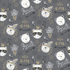 Fototapeta premium Vector fashion bear seamless pattern. Cute teddy illustration in sketch style. Cartoon animals background. Doodle bears. Ideal for fabric, wallpaper, wrapping paper, textile, bedding, t-shirt print.