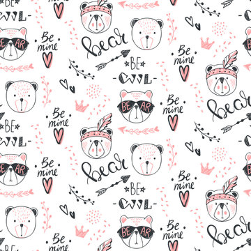 Vector fashion bear seamless pattern. Cute teddy illustration in sketch style. Cartoon animals background. Doodle bears. Ideal for fabric, wallpaper, wrapping paper, textile, bedding, t-shirt print.