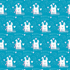 Vector seamless pattern with hearts, rabbit and inscriptions "For you". Romantic background for Happy Birthday. Tender color. Repeat design. Best wishes.