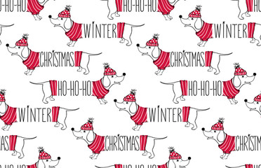 Holidays seamless pattern with funny dog. Happy new year pets. Merry christmas background. Winter design.Cartoon animals. Xmas 2018 card. - 179075533