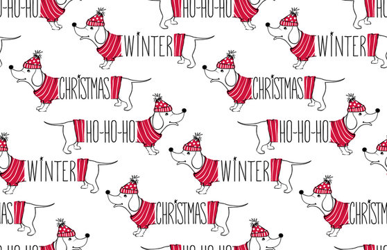 Holidays seamless pattern with funny dog. Happy new year pets. Merry christmas background. Winter design.Cartoon animals. Xmas 2018 card.