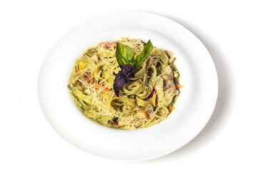 Green Spinach Pasta Tagliatelle with Bacon, Turkey and Parmesan Cheese