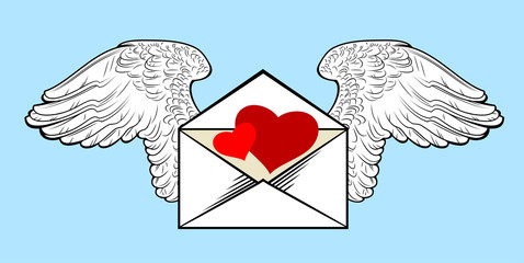 A winged envelope with hearts inside. Valentine's Day