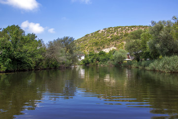 Fototapeta na wymiar River in the middle of the green field