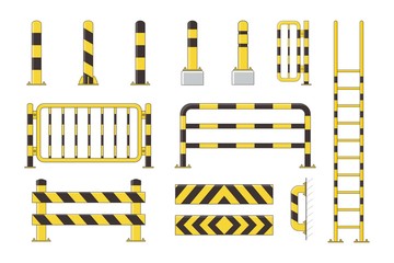 Guard post sentry yellow and black collection, icon flat column bollard set vector illustration - obrazy, fototapety, plakaty