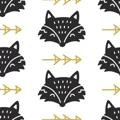 Behang Scandinavische Fox Nordic naadloze patroon. Handgetekende trendy volkskunst decoratie achtergrond © artrise