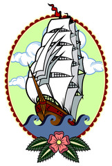 
The ship is sailing under full sail on the stormy sea