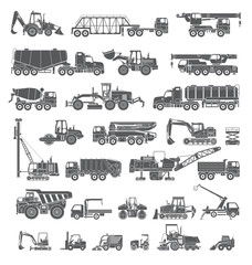 Big set of construction equipment. Special machines for the construction work. Forklifts, cranes, excavators, tractors, bulldozers, trucks. Special equipment. Road repair. Commercial Vehicles. Icons