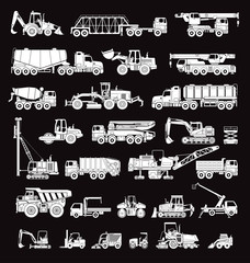 Big set of construction equipment. Special machines for the construction work. Forklifts, cranes, excavators, tractors, bulldozers, trucks. Special equipment. Road repair. Commercial Vehicles. Icons