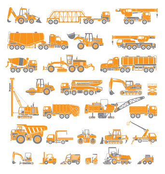 Big set of construction equipment. Special machines for the construction work. Forklifts, cranes, excavators, tractors, bulldozers, trucks. Special equipment. Road repair. Commercial Vehicles. Icons