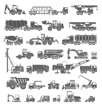 Big set of construction equipment. Special machines for the construction work. Forklifts, cranes, excavators, tractors, bulldozers, trucks. Special equipment. Road repair. Commercial Vehicles. Icons