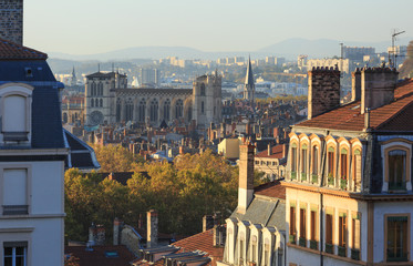Naklejka premium Autumn morning in Vieux Lyon, in the city of Lyon, France.