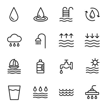 Water Icon Set In Thin Line Style.  High Quality Black Outline Drop Symbols For Web Site Design And Mobile Apps.