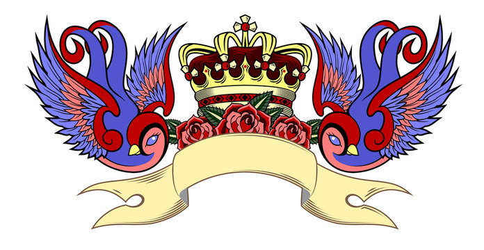 Swallows holding a crown, on a background of a banner and roses