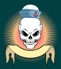A grinning skull in a sea cap
