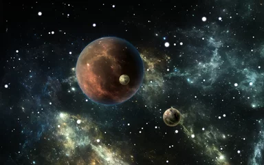 Exoplaneten oder extrasolare Planeten mit Sternen im Hintergrundnebel, 3D-Darstellung © Peter Jurik