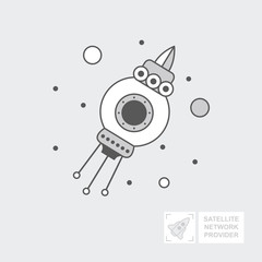 Obraz premium GPS satellite for navigation. ship is in orbit of the ground for tv signal transmission. Wireless technology. World global net, Web. Flat vector icon, illustration