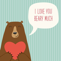 Cute retro hand drawn Valentine's Day card as funny Bear with Heart and speech bubble
