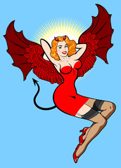 Image of sexy girl in the image of a demon. The traditional style of Old school tattoo pin-up