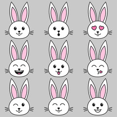 Set of white cute rabbits on grey background