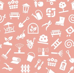 Landscape design, seamless background, pink, vector. Background with equipment for gardening and horticulture. White, flat drawings on a pink field. Arrangement of land.  