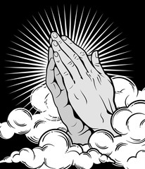 Human hands folded in prayer, on a background of clouds 