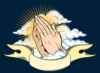 Human hands folded in prayer, on a background of clouds and banner