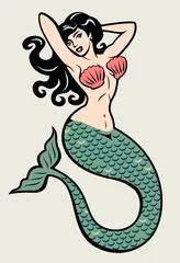The image of a mermaid in the traditional style of Old school tattoo pin-up