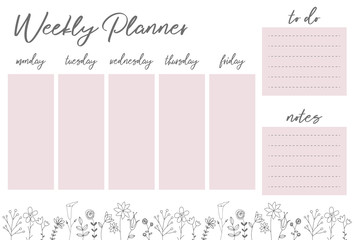 Weekly planner pink with flowers, stationery organizer for daily plans, floral vector weekly planner template, schedules - obrazy, fototapety, plakaty