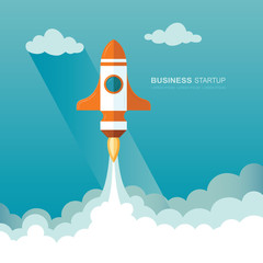 Launching a rocket into space. illustration of a business startup template.  Flat design modern vector illustration concept of new project start up development and launch a new innovation product