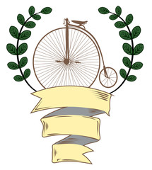 An old bicycle with a large wheel, on the background of a banner and laurel branches. Old school tattoo style.
