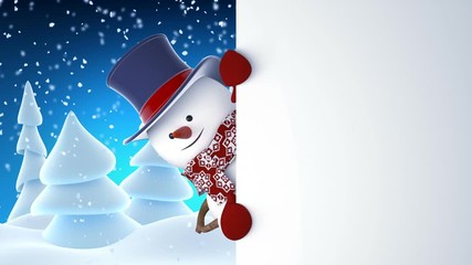 Funny Snowman in High-Hat Waving and Laughing at White Board. Beautiful 3d Cartoon Animation with Green Screen. Animated Greeting Card. Merry Christmas and Happy New Year Concept. Full HD 1920x1080. - Powered by Adobe
