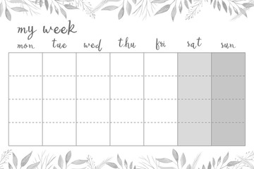 Weekly planner with watercolor leaves, stationery organizer for daily plans, floral vector weekly planner template, schedules