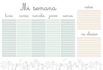 Weekly planner with gray flowers, stationery organizer for daily plans, floral vector weekly planner template, schedules