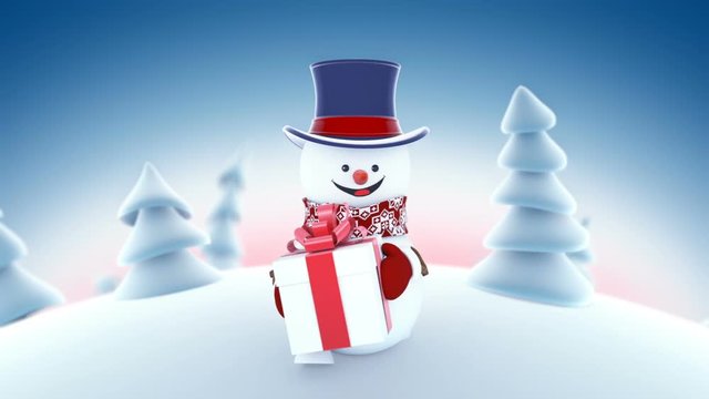 Funny Snowman in High-hat Walking in Winter Forest Holding a Gift Smiling. Beautiful Looped 3d Cartoon Animation. Animated Greeting Card. Merry Christmas and Happy New Year Concept. Full HD 1920x1080.