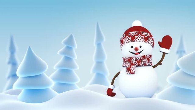 Funny Snowman in Red Hat Greeting with Hand and Smiling in Winter Forest. Last 80 frames are loop-able. Green Screen and Alpha Matte. Merry Christmas and Happy New Year Concept. Full HD 1920x1080.