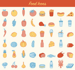 Food and drink icons. Fruits, Vegetables, Fast food and every day food icons. Outline design style. Vector 